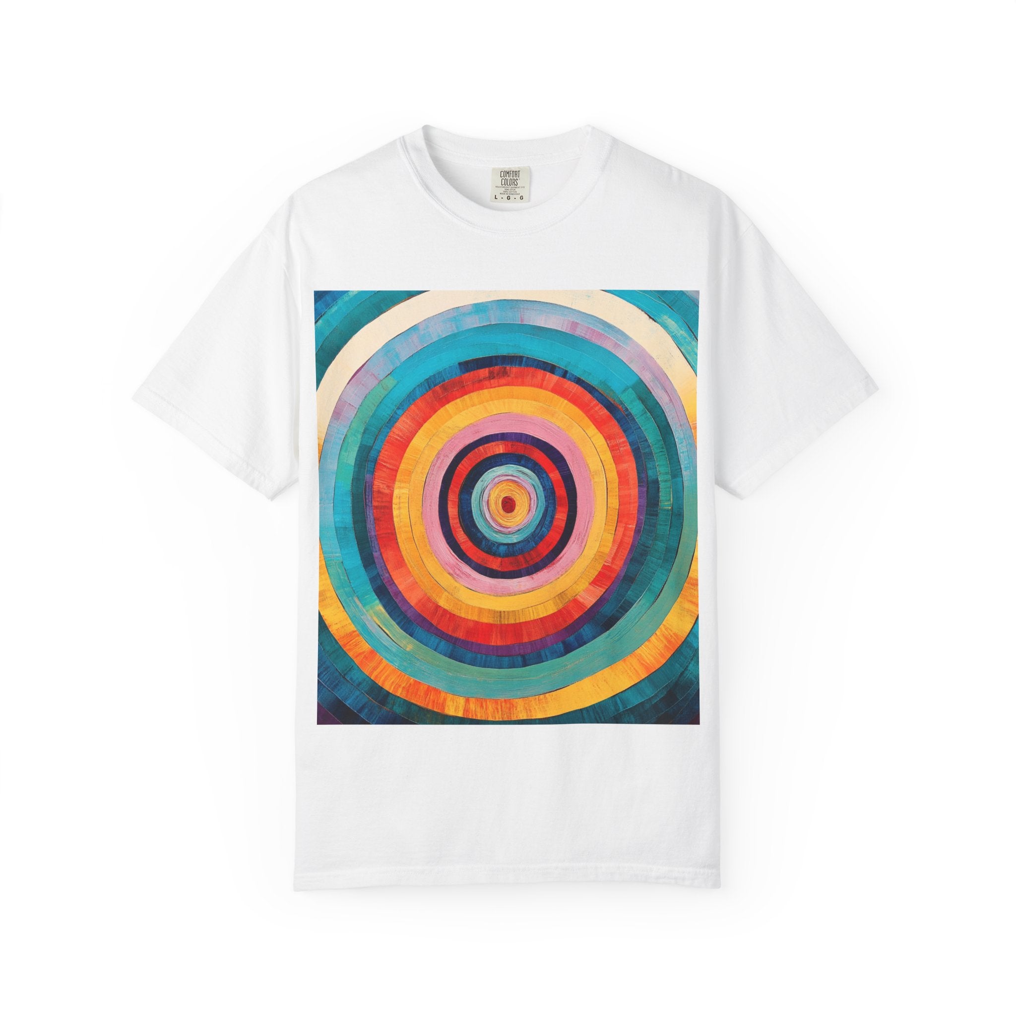 Colorful Concentric Circles T-Shirt — Vibrant Retro Rainbow Target Graphic