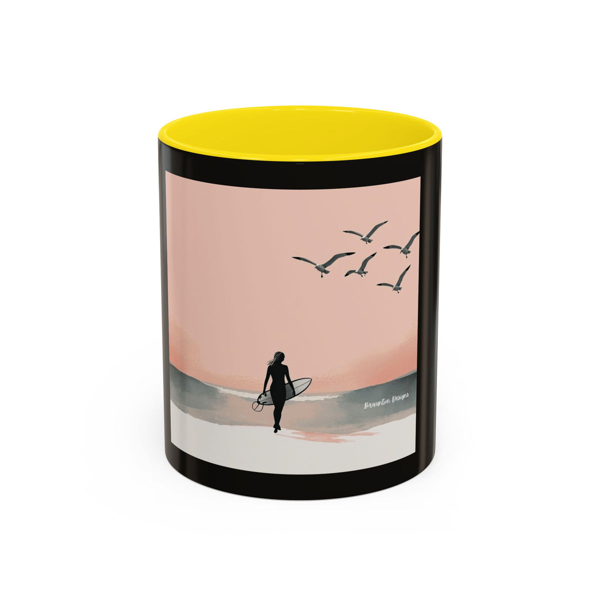 Surf Sunset Accent Coffee Mug — Beach Surfer Silhouette with Seagulls (11/15 oz)