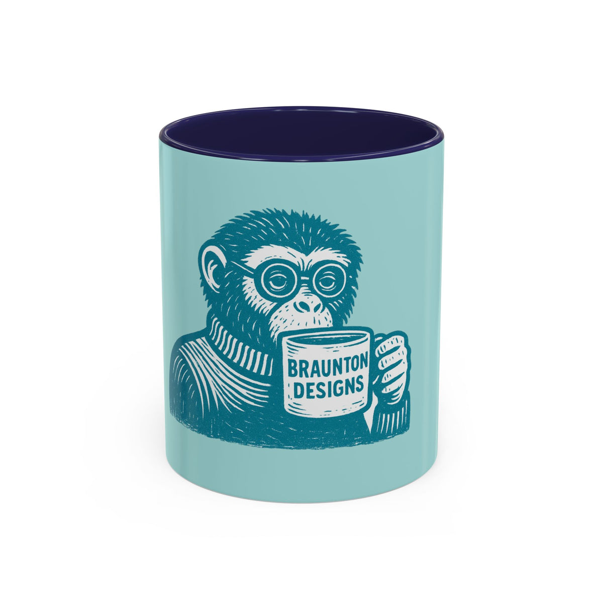 Retro Monkey Coffee Mug — Cute Chimp with 'Braunton Designs' Cup | Fun Gift for Coffee Lovers