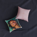 Smiling Woman Art Throw Pillow — Colorful Portrait Square Pillow with Pink Back