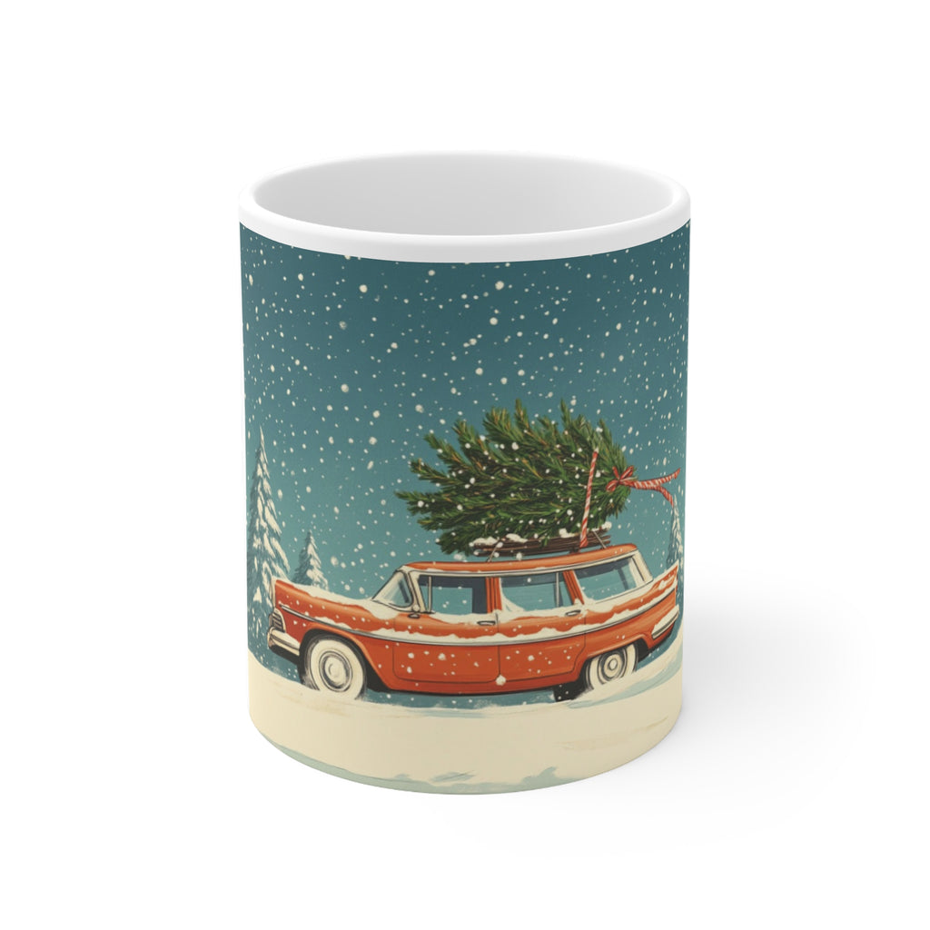 Vintage Station Wagon with Christmas Tree Mug | Holiday Snow Scene