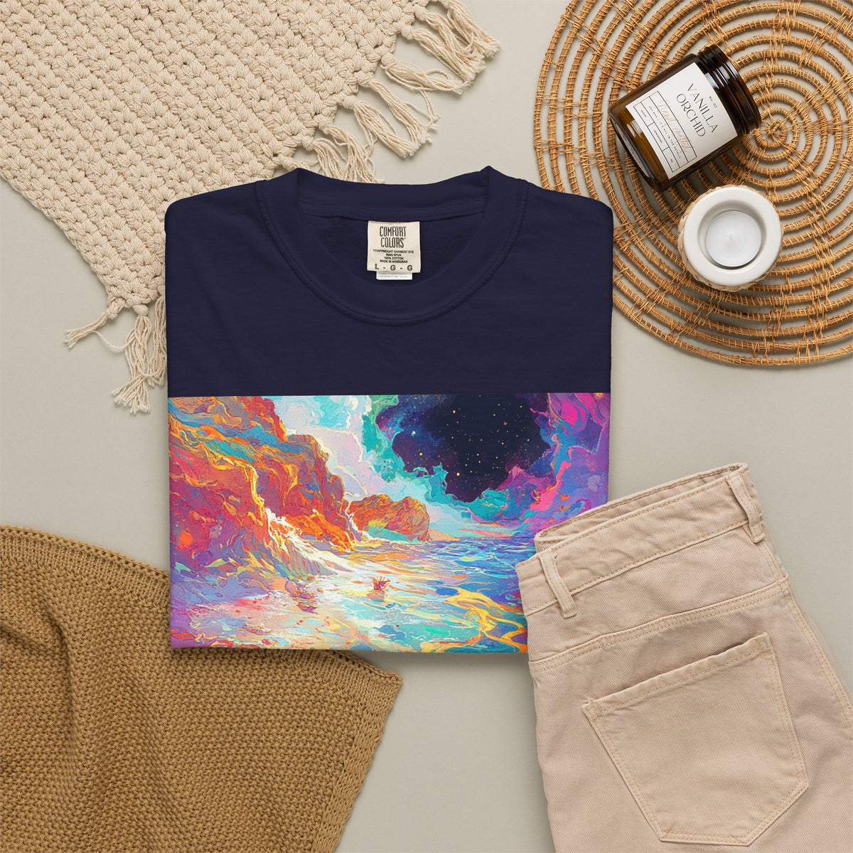 Surreal Beachscape T-Shirt — Colorful Dreamy Sunset Graphic Tee. heavyweight fabric