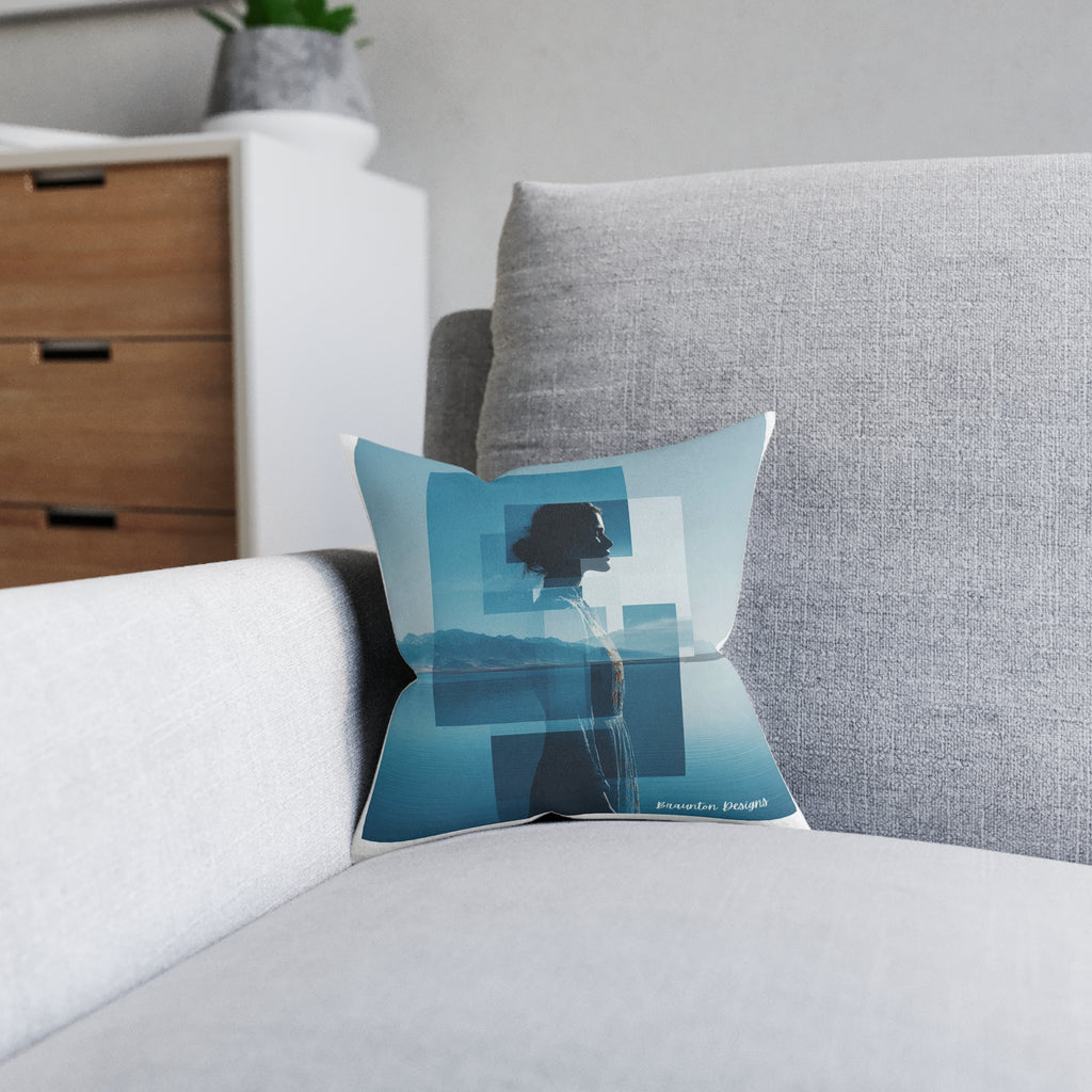 Abstract Double Exposure Silhouette Throw Pillow — Blue Coastal Art on Pink Back