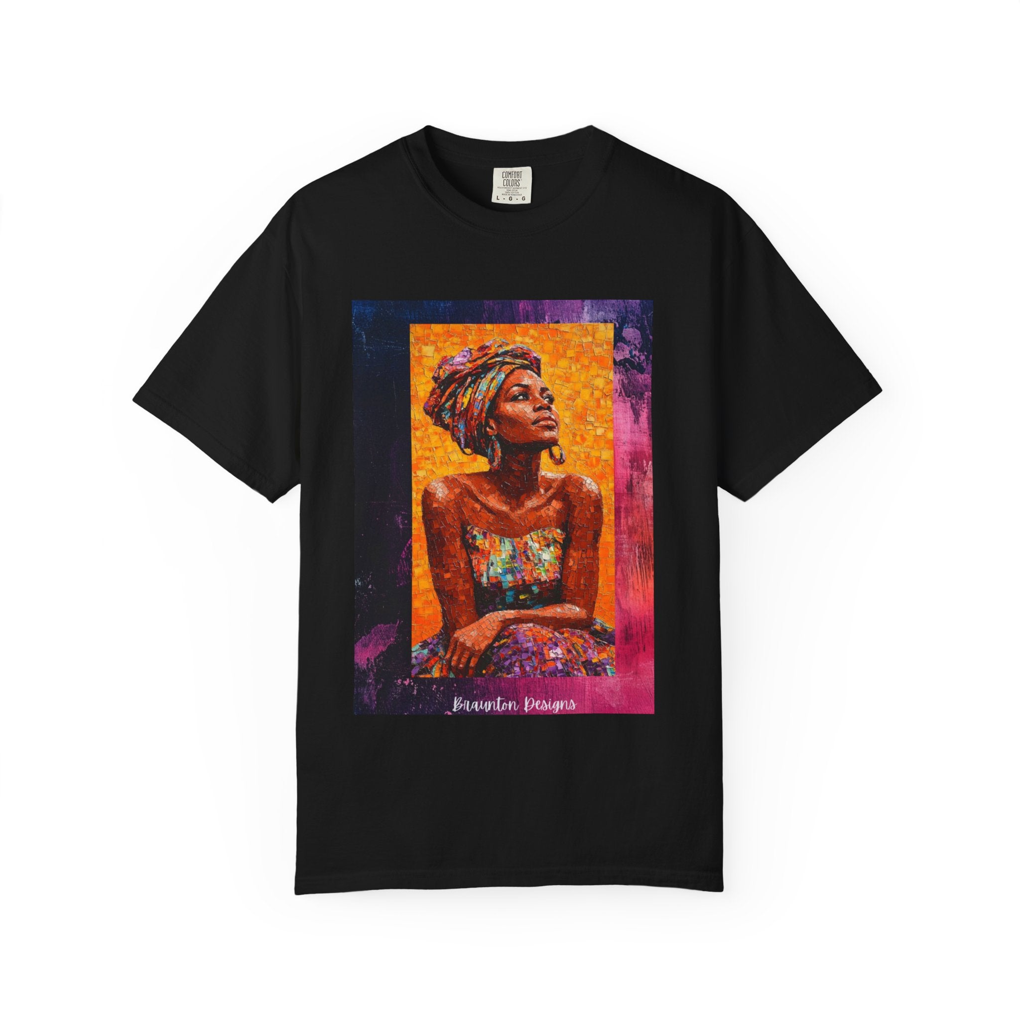 Afrocentric Portrait Art T-Shirt — Vibrant Woman in Headwrap Graphic Tee