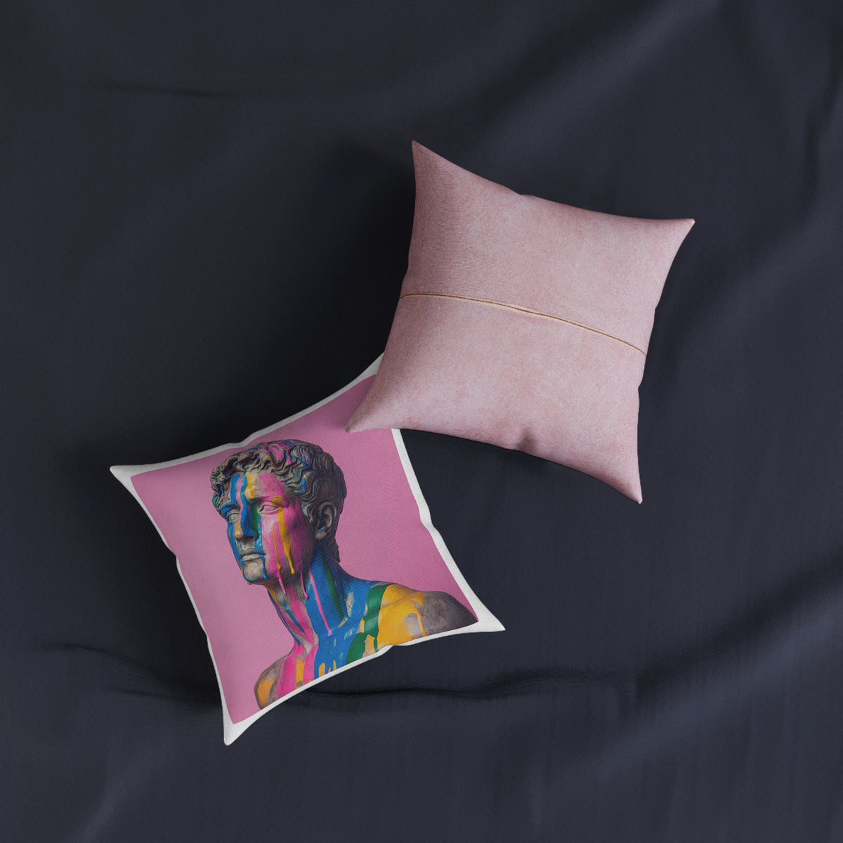 Abstract Double Exposure Silhouette Throw Pillow — Blue Coastal Art on Pink Back