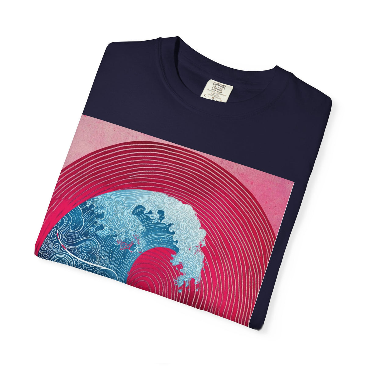 Women's Graphic Tee — Retro Pink & Blue Wave Art Shirt. Heavyweight Fabric