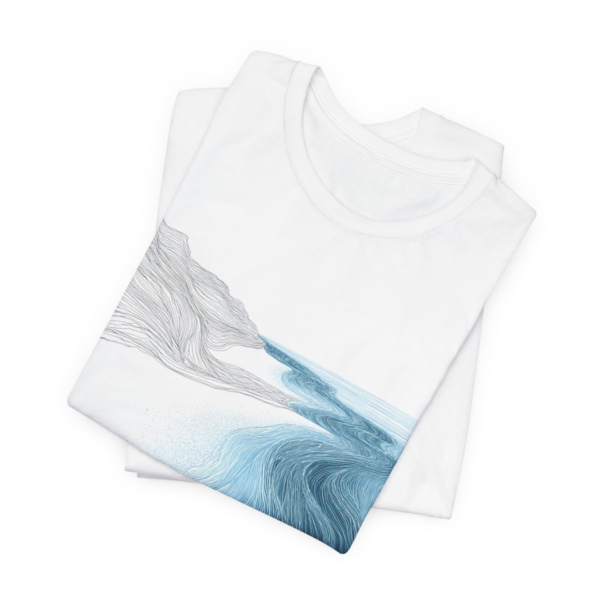 Ocean Flow Art T-Shirt — Blue Wave Landscape Graphic Tee. Lightweight Fabric