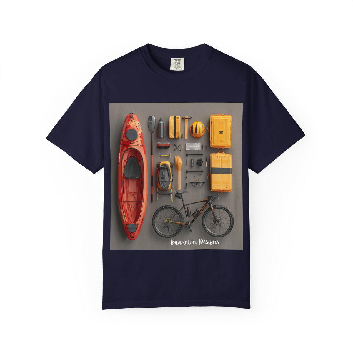 Adventure Gear T-Shirt — Kayak & Bike Outfit Flatlay