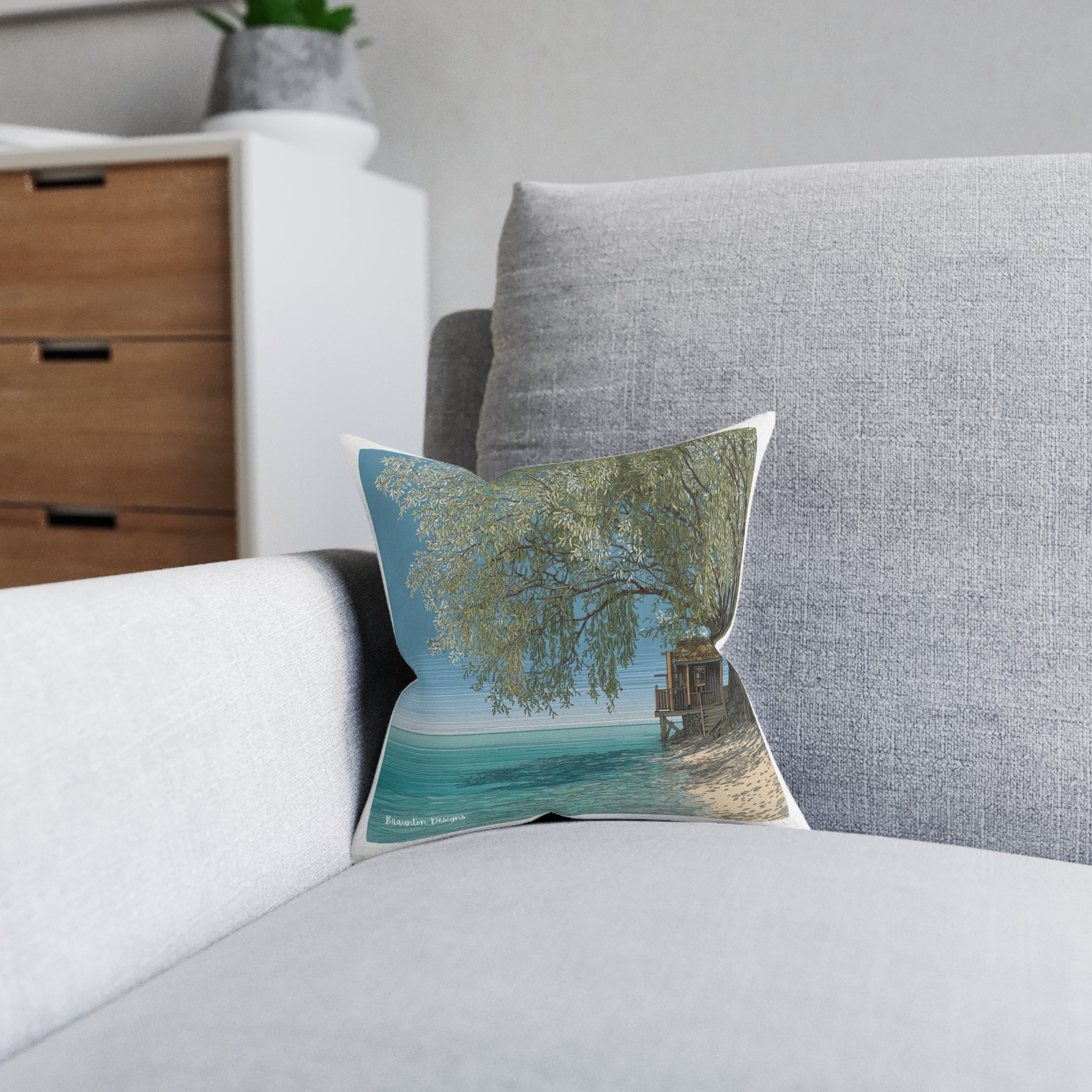 Beachfront Tree Square Pillow with Pink Backing — Coastal Throw Pillow