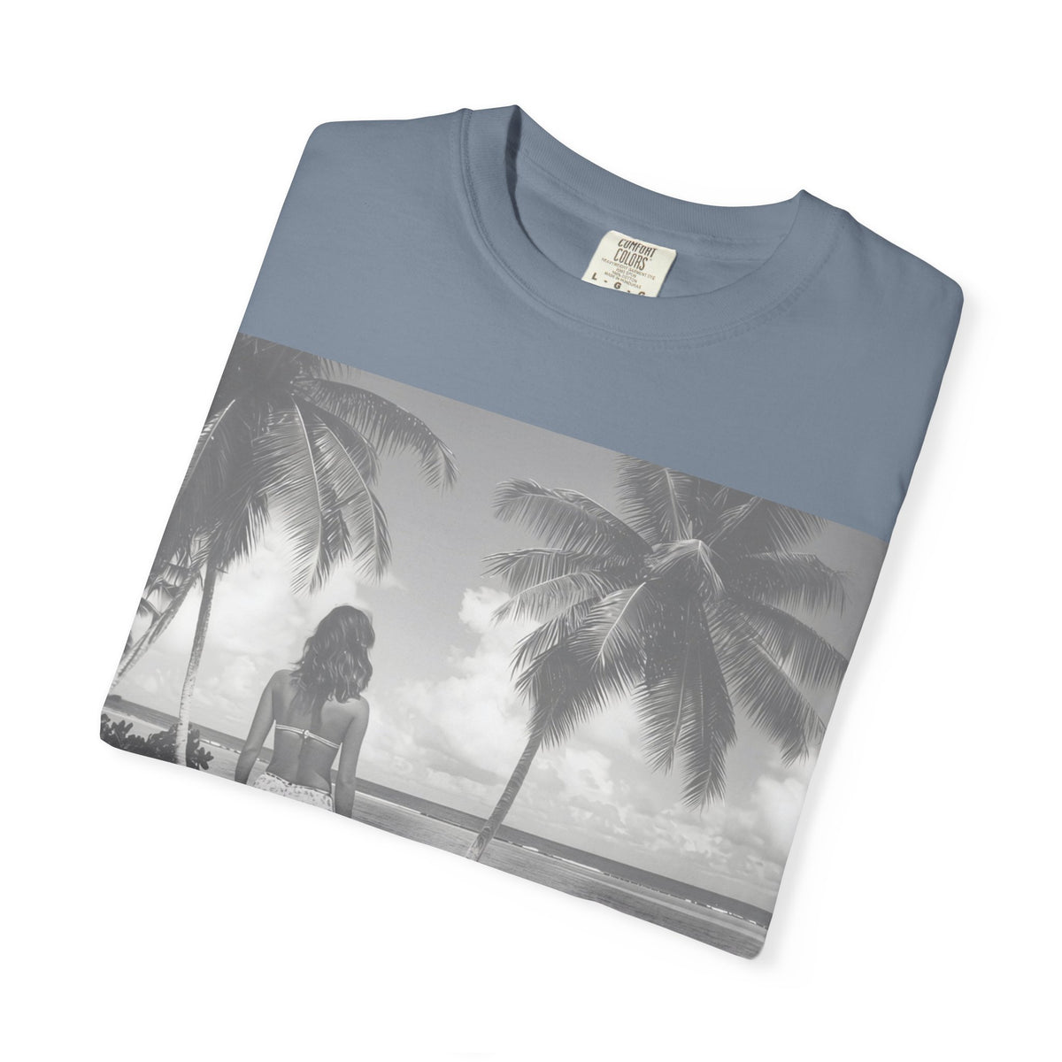 Vintage Beach Photo T‑Shirt — Coastal Retro Palm Print. Heavyweight Fabric
