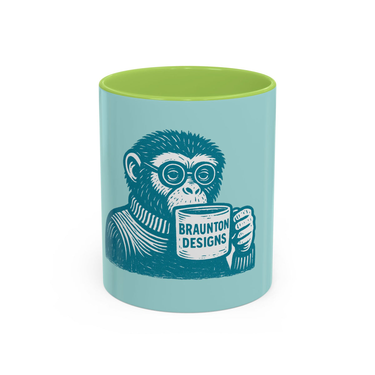 Retro Monkey Coffee Mug — Cute Chimp with 'Braunton Designs' Cup | Fun Gift for Coffee Lovers