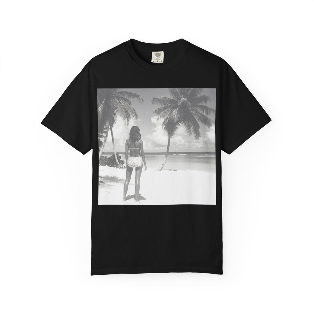 Vintage Beach Photo T‑Shirt — Coastal Retro Palm Print. Heavyweight Fabric