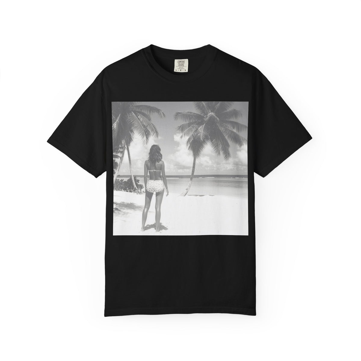 Vintage Beach Photo T‑Shirt — Coastal Retro Palm Print. Heavyweight Fabric