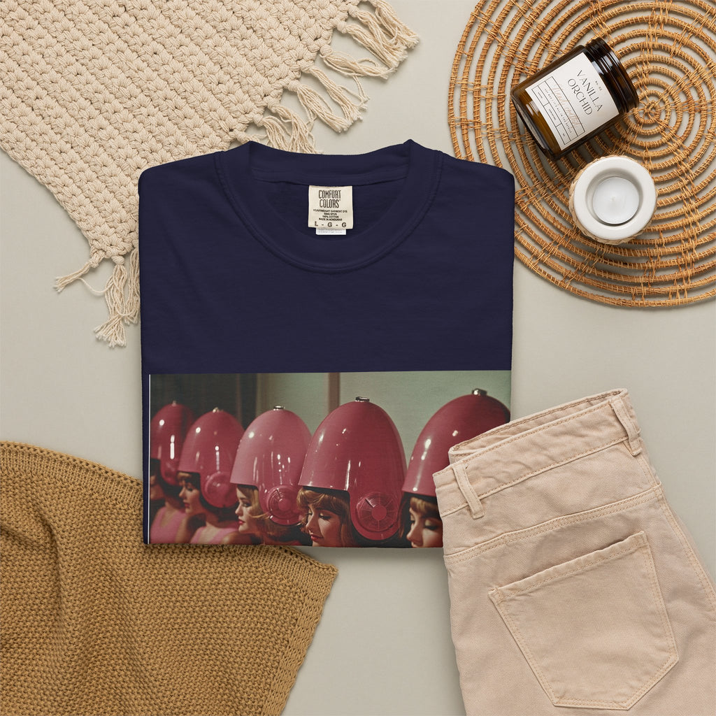 Retro Salon Photo T-Shirt — Vintage Pink Hair Dryer Print. Heavy weight fabric