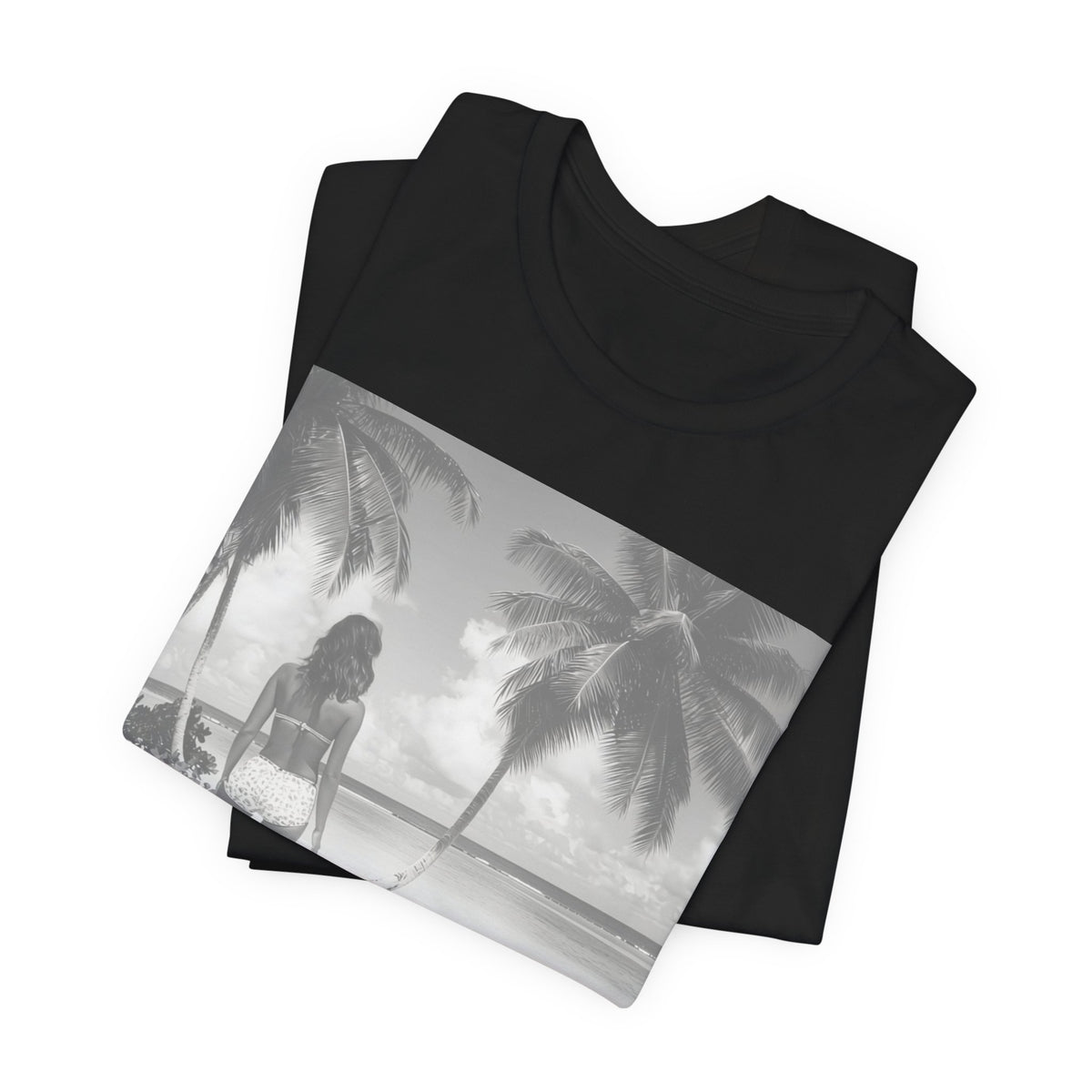 Vintage Beach Scene T-Shirt — Retro Palm Trees & Swimsuit Photo Tee