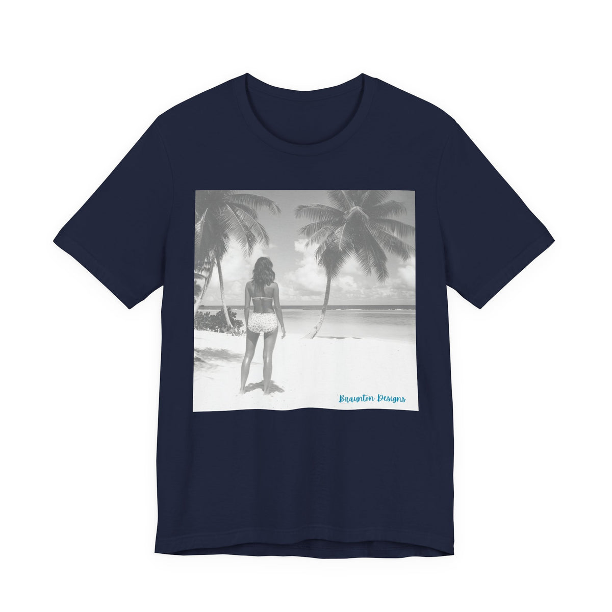 Vintage Beach Scene T-Shirt — Retro Palm Trees & Swimsuit Photo Tee