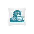 Monkey with Coffee Square Pillow — Retro Teal Print on Pink-Back Accent Cushion