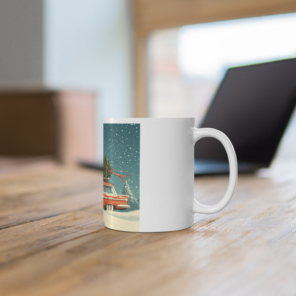 Vintage Station Wagon with Christmas Tree Mug | Holiday Snow Scene
