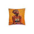 Afrocentric Art Square Pillow — Colorful Woman Portrait, Pink Back Decorative Cushion