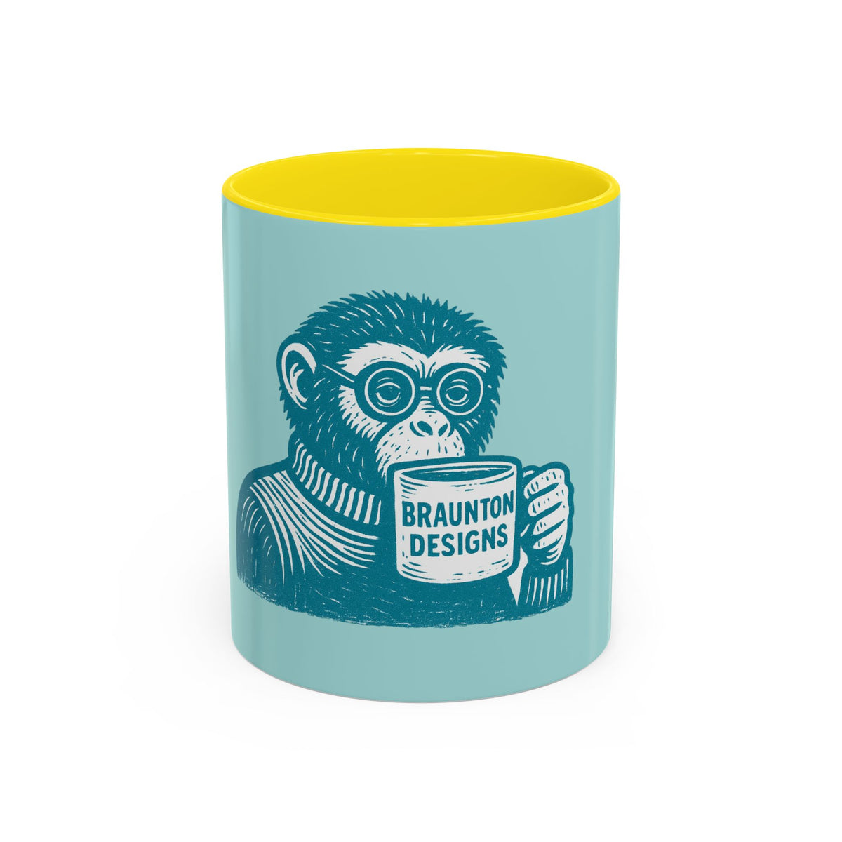 Retro Monkey Coffee Mug — Cute Chimp with 'Braunton Designs' Cup | Fun Gift for Coffee Lovers