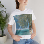 Tropical Beach Scene T-Shirt — Serene Seaside Cabin Graphic — Lightweight Fabric
