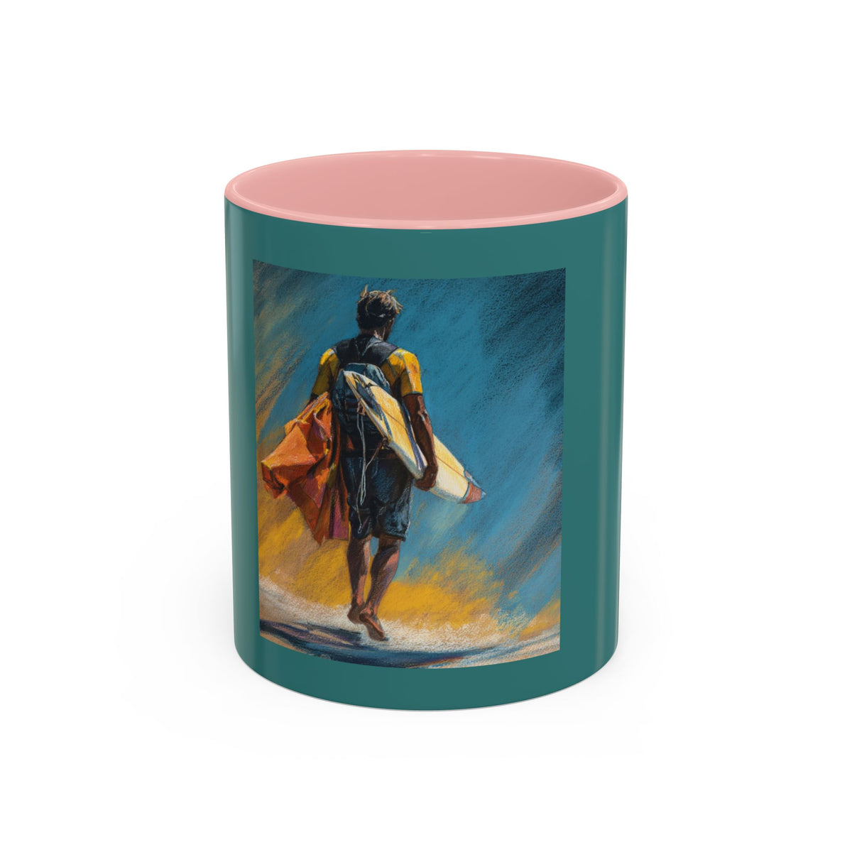 Surfing Art Coffee Mug — Teal Accent Ceramic Mug with Surfer Painting (11/15 oz)