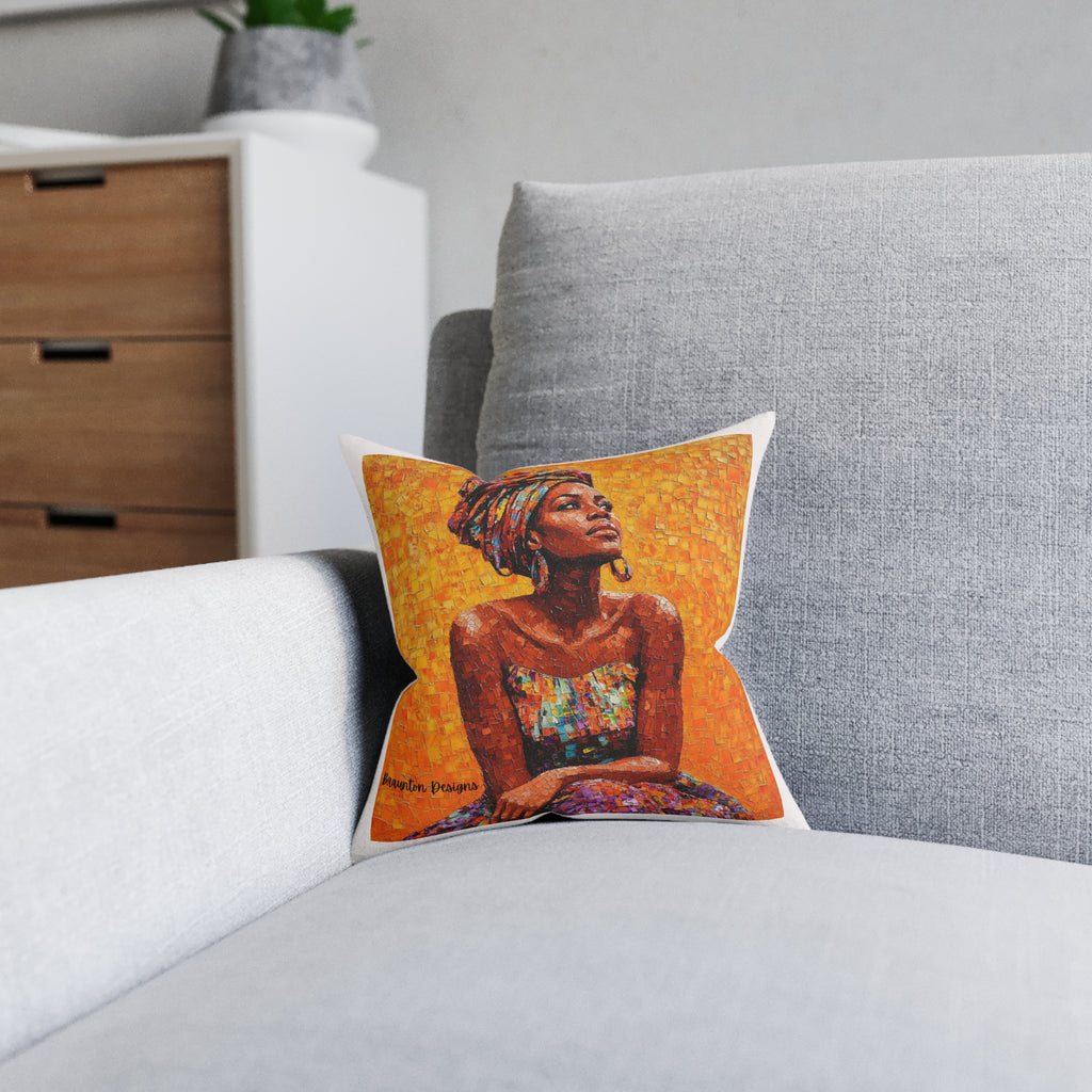 Afrocentric Art Square Pillow — Colorful Woman Portrait, Pink Back Decorative Cushion