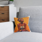 Afrocentric Art Square Pillow — Colorful Woman Portrait, Pink Back Decorative Cushion