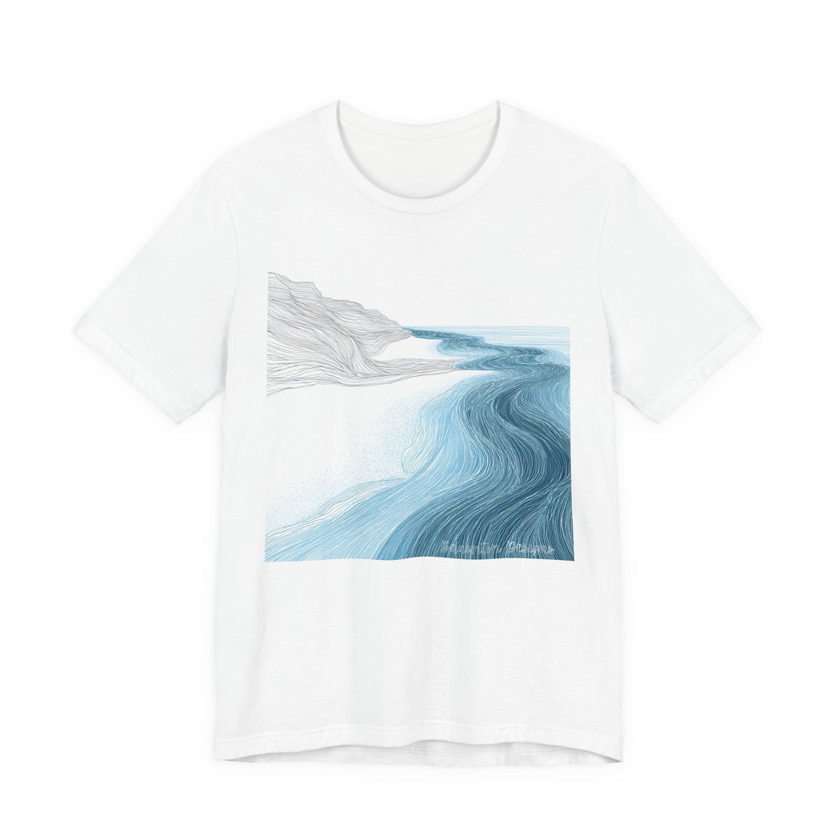 Ocean Flow Art T-Shirt — Blue Wave Landscape Graphic Tee. Lightweight Fabric