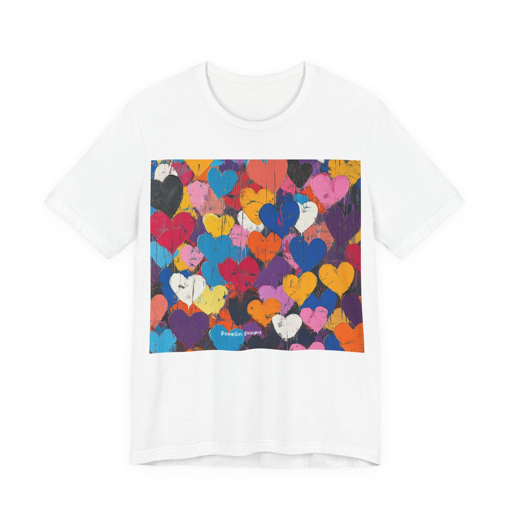 Women’s Heart Pattern Tee – Colorful Abstract Love Graphic T‑Shirt. Lightweight Fabric
