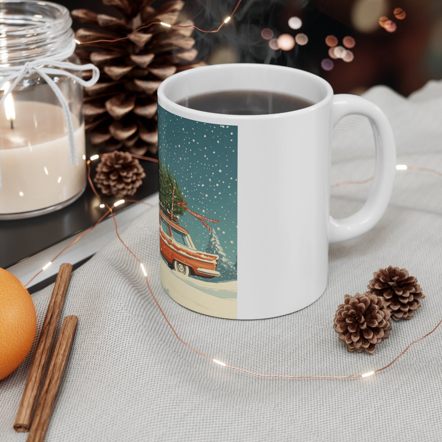 Vintage Station Wagon with Christmas Tree Mug | Holiday Snow Scene