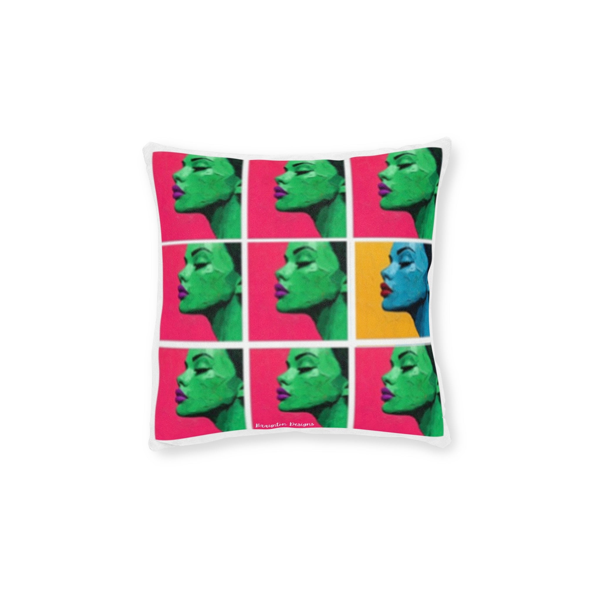 Pop Art Profile Square Pillow — Retro Color-Block Face Cushion with Pink Back