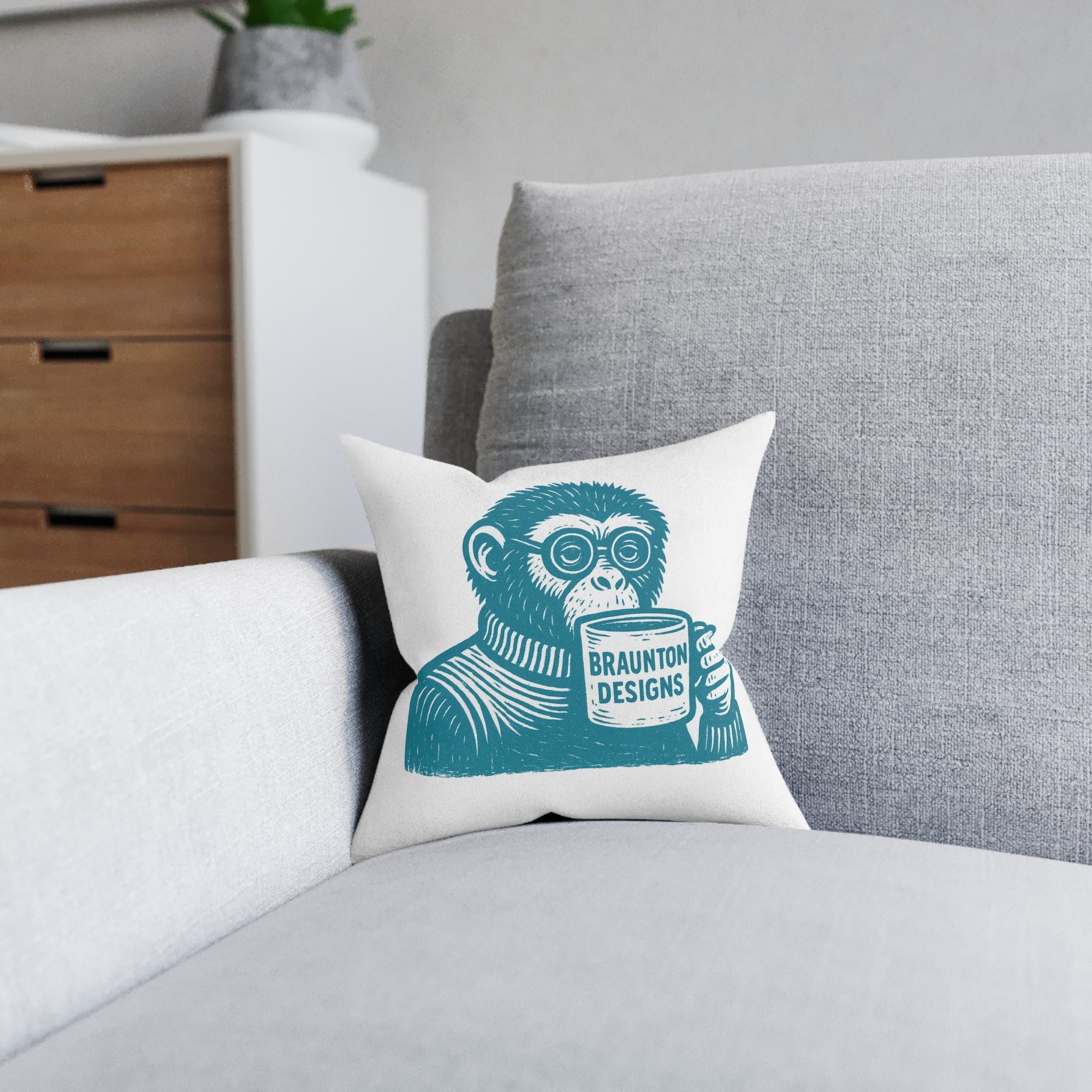 Monkey with Coffee Square Pillow — Retro Teal Print on Pink-Back Accent Cushion