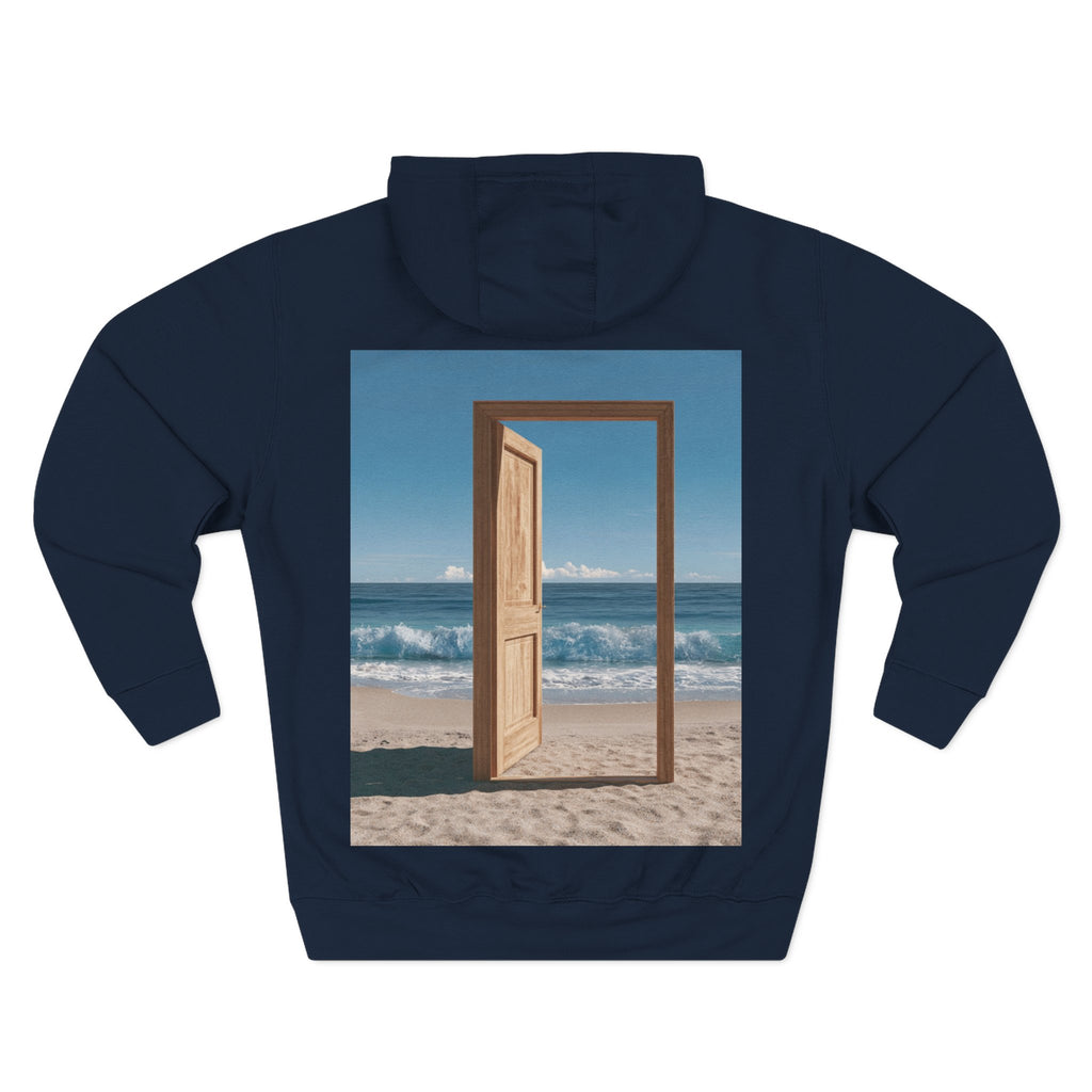 Beach Doorway Hoodie — Surreal Ocean Landscape Fleece Pullover