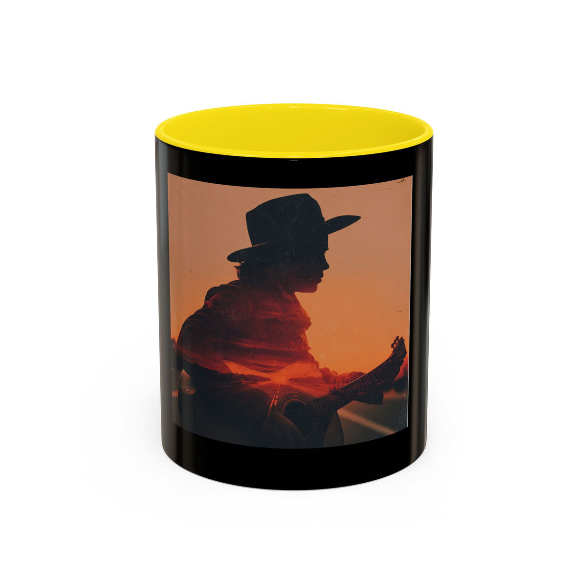 Sunset Guitarist Accent Coffee Mug — Silhouette Music Lover Gift