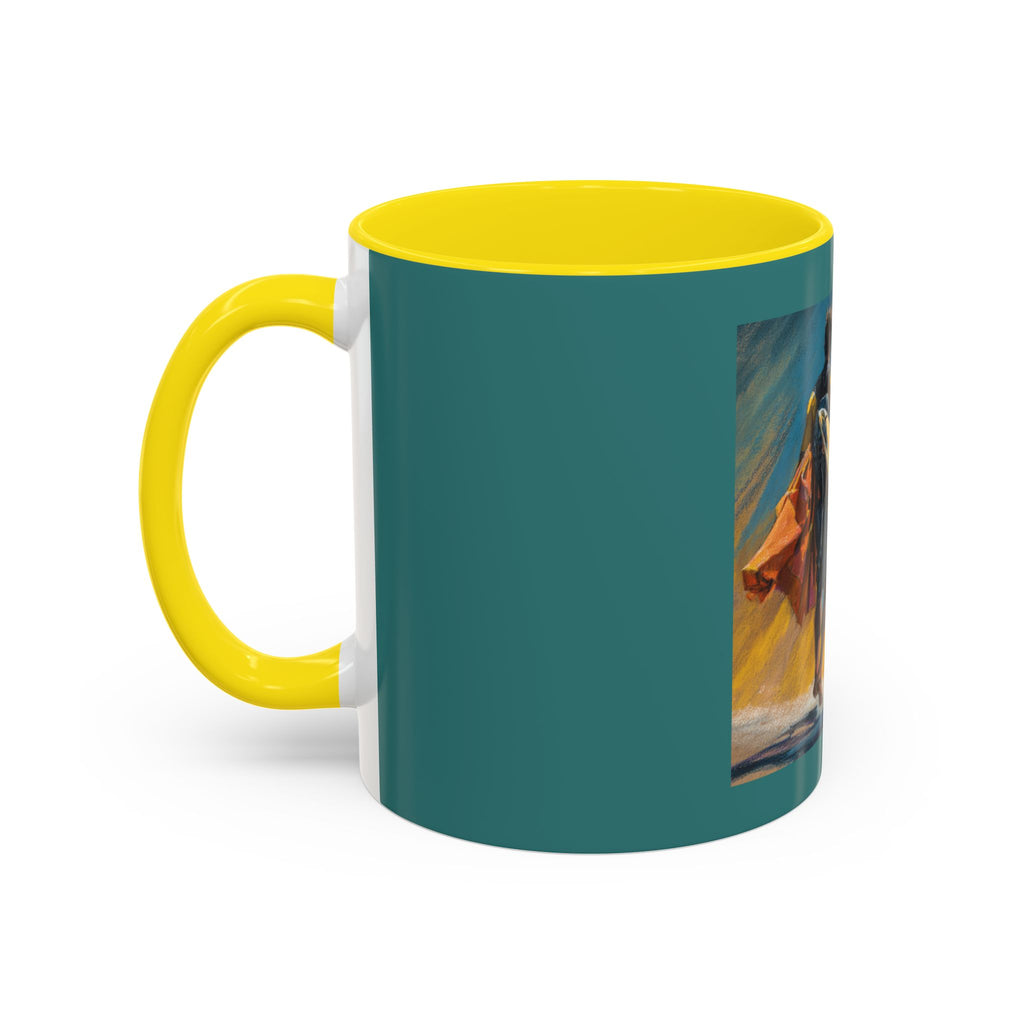 Surfing Art Coffee Mug — Teal Accent Ceramic Mug with Surfer Painting (11/15 oz)