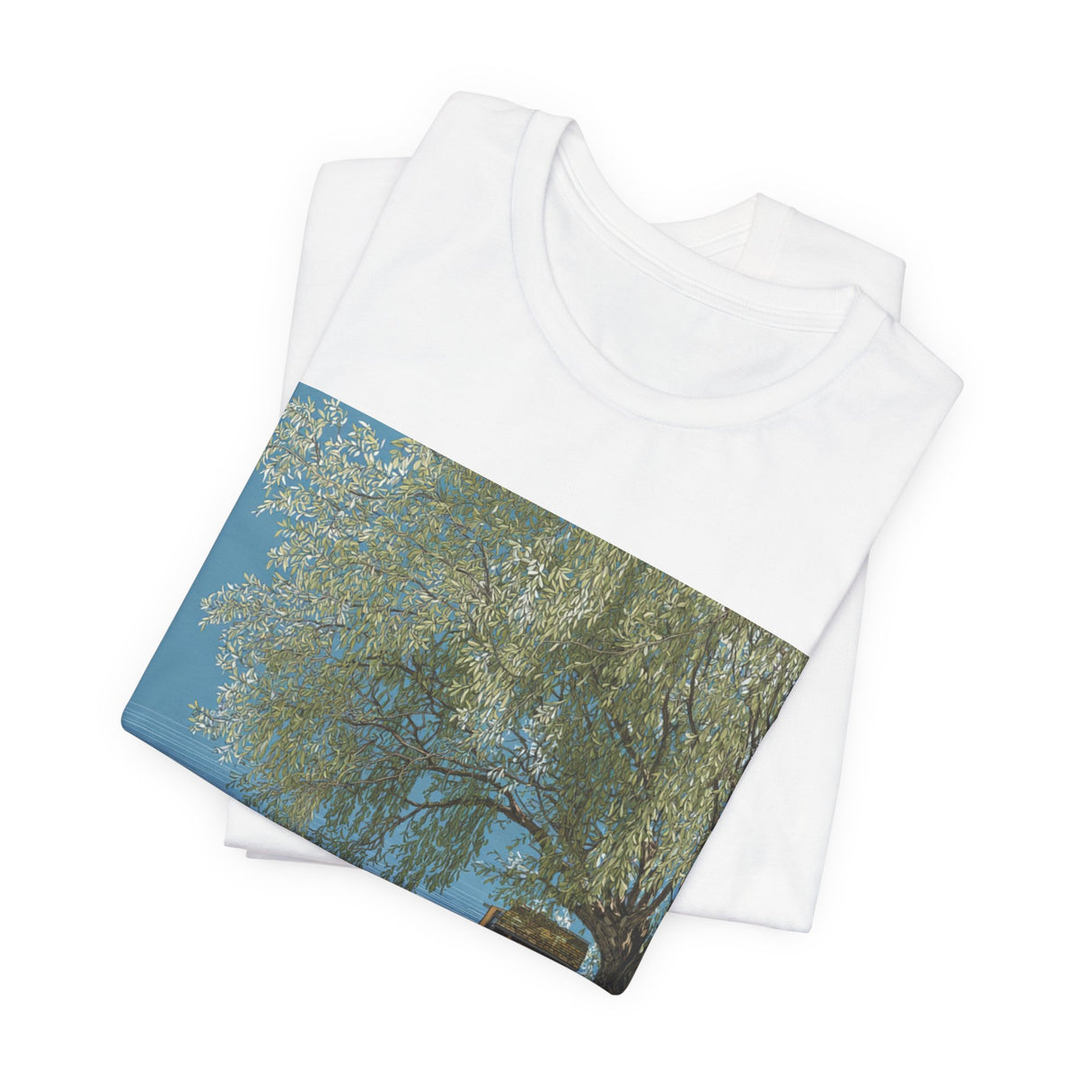 Tropical Beach Scene T-Shirt — Serene Seaside Cabin Graphic — Lightweight Fabric