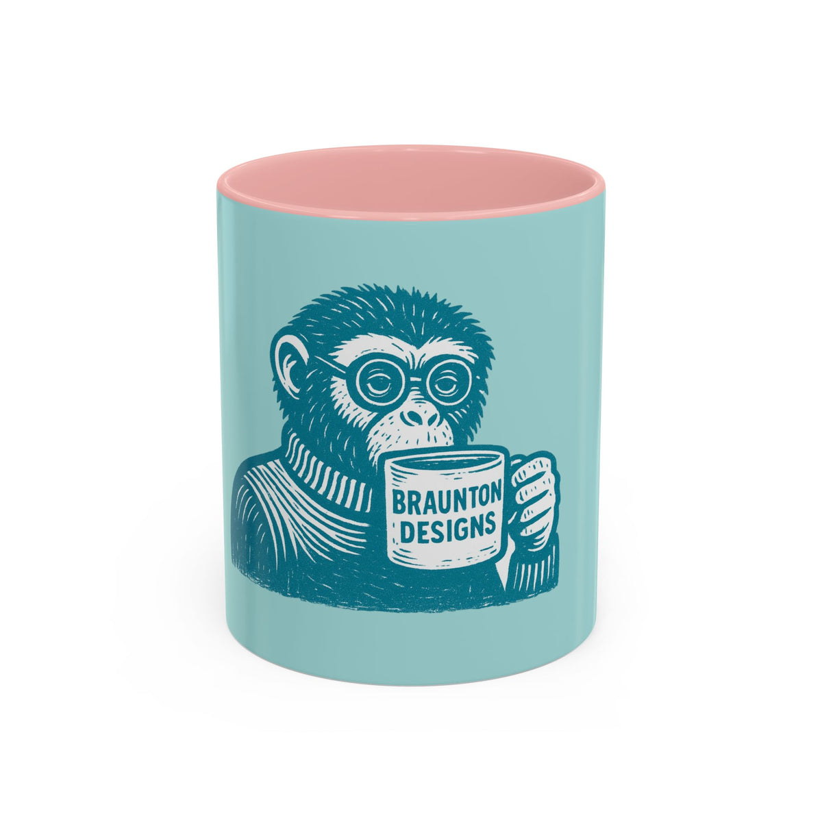 Retro Monkey Coffee Mug — Cute Chimp with 'Braunton Designs' Cup | Fun Gift for Coffee Lovers
