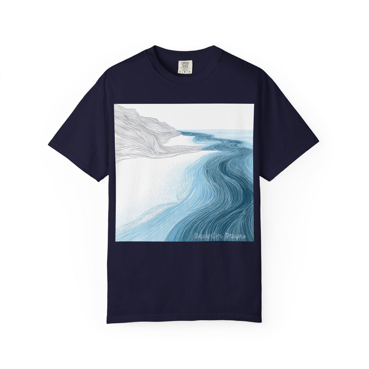 Ocean Current Art T-Shirt — Calming Blue Coastal Wave Graphic Tee. Heavyweight Fabric