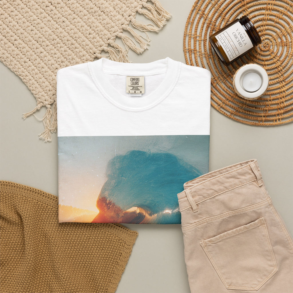 Surfer Double Exposure Tee — Ocean Sunset Silhouette T-Shirt