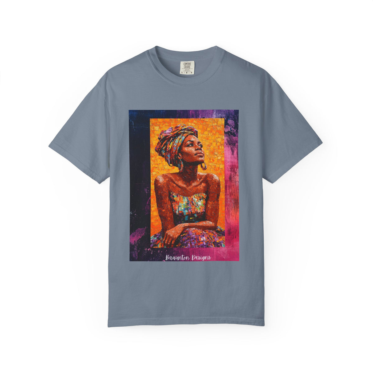 Afrocentric Portrait Art T-Shirt — Vibrant Woman in Headwrap Graphic Tee