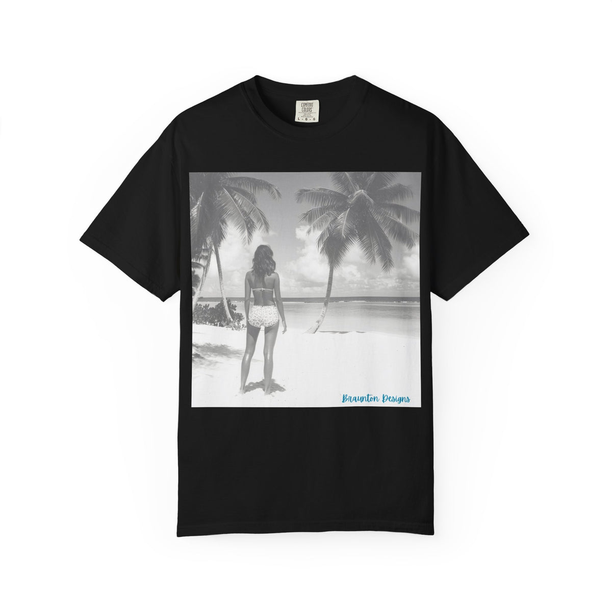 Women's Beach Photo Tee — Tropical Palm Shore Graphic T-Shirt. Heavyweight Fabric