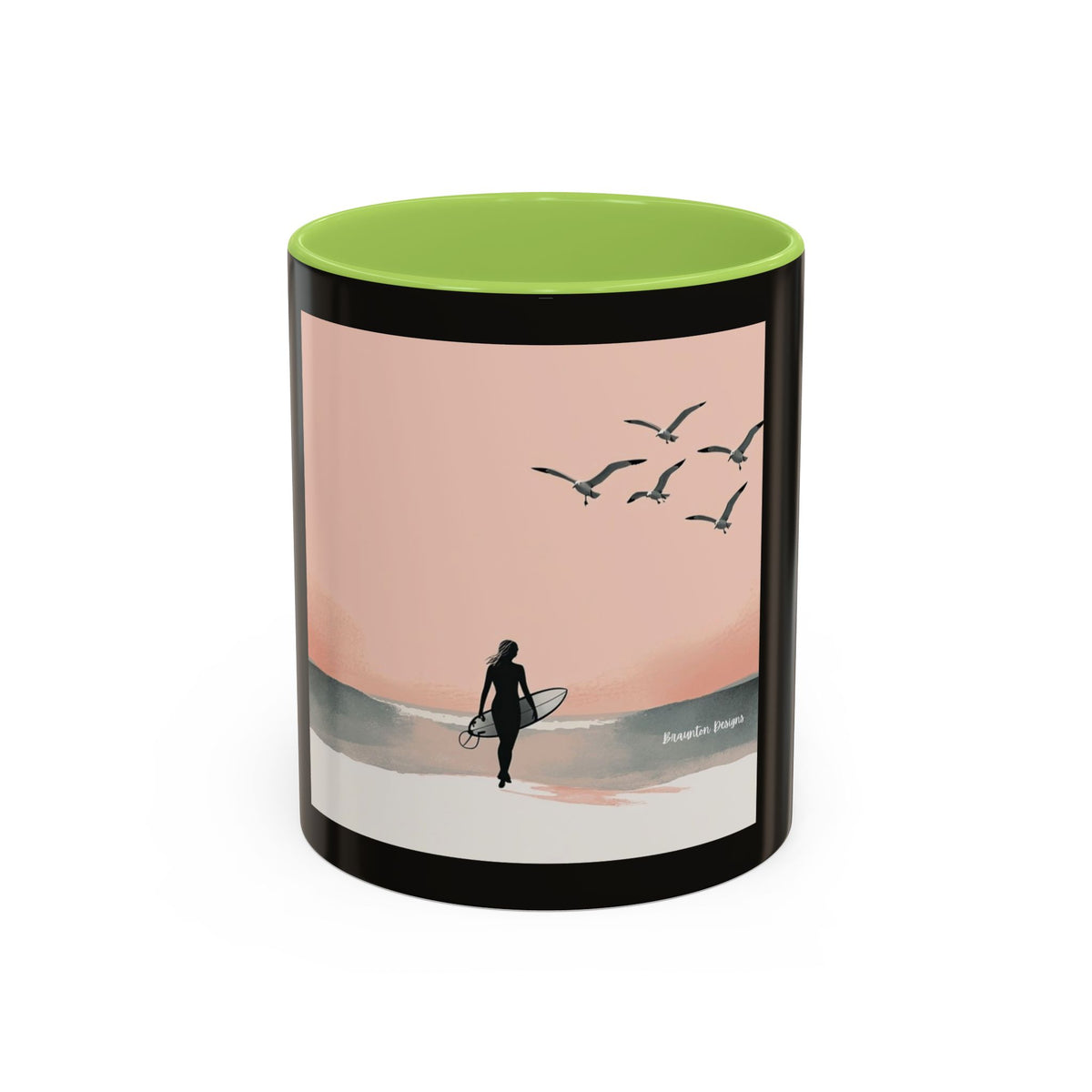 Surf Sunset Accent Coffee Mug — Beach Surfer Silhouette with Seagulls (11/15 oz)