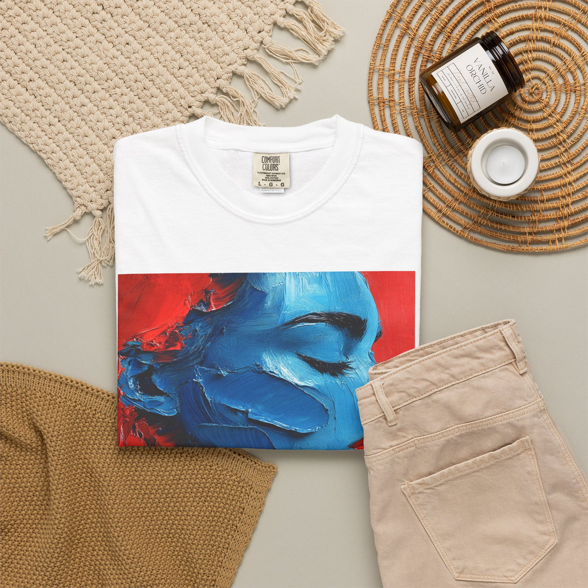 Abstract Blue Face Art T-Shirt — Bold Red Background Portrait Tee