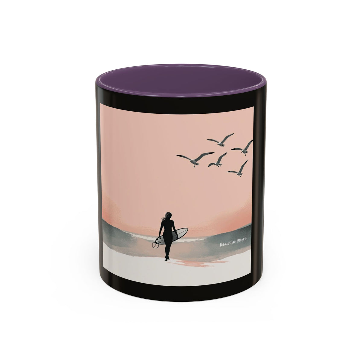 Surf Sunset Accent Coffee Mug — Beach Surfer Silhouette with Seagulls (11/15 oz)