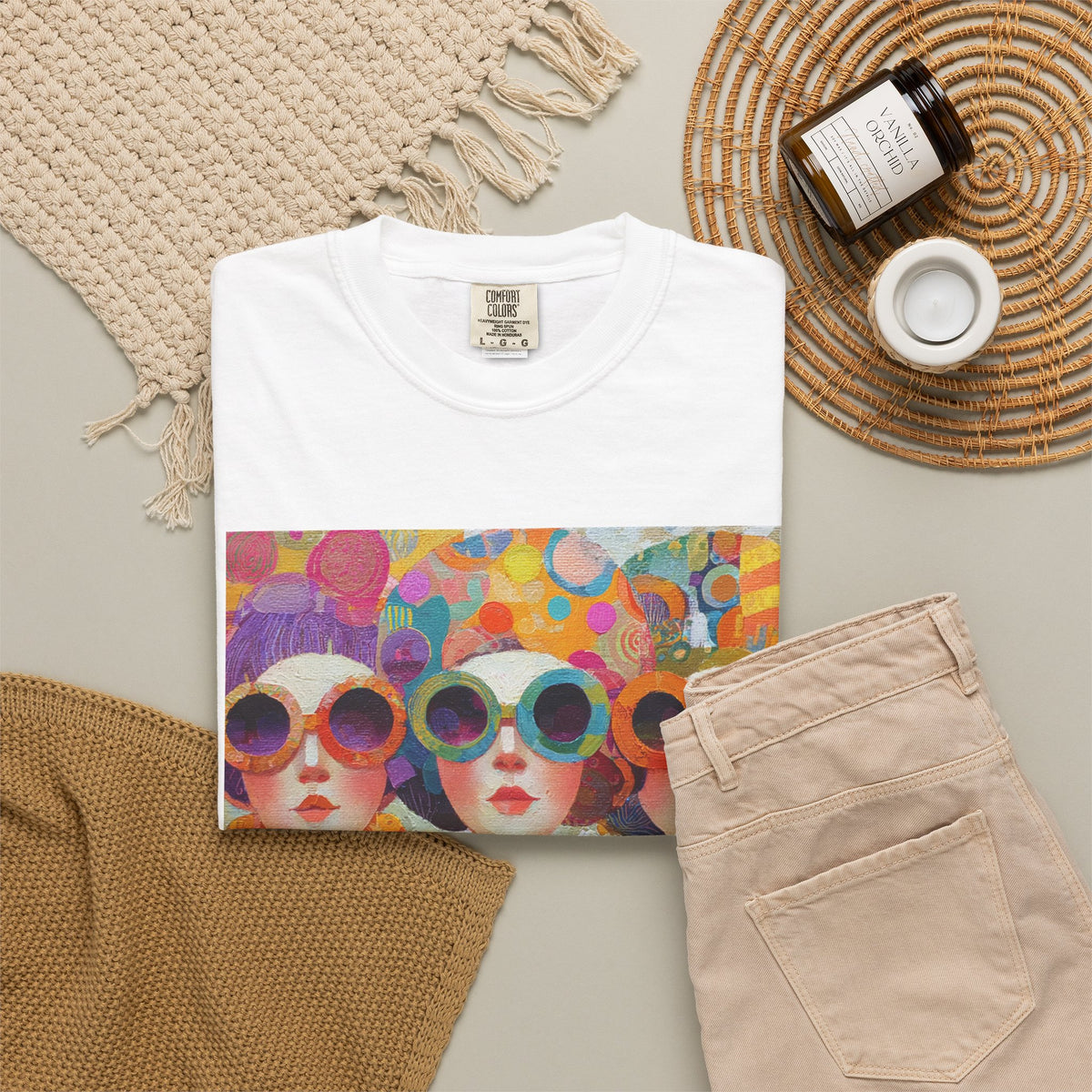 Retro Chic Sunglasses Art T-Shirt — Colorful Vintage Women Portrait Graphic Tee.  Heavyweight Fabric