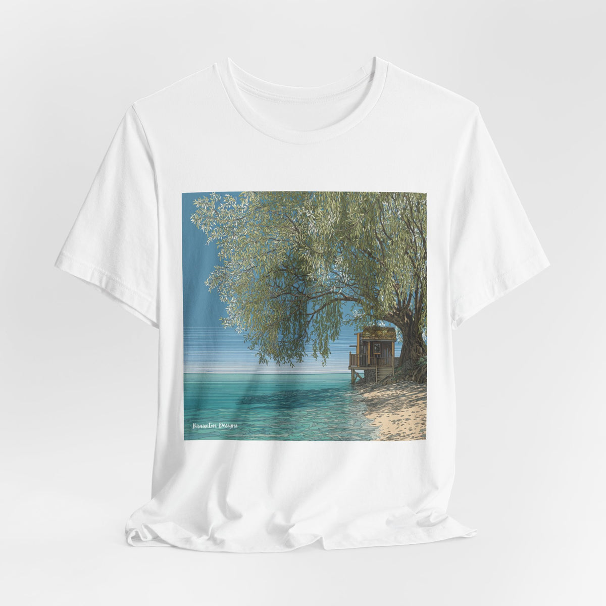 Tropical Beach Scene T-Shirt — Serene Seaside Cabin Graphic — Lightweight Fabric