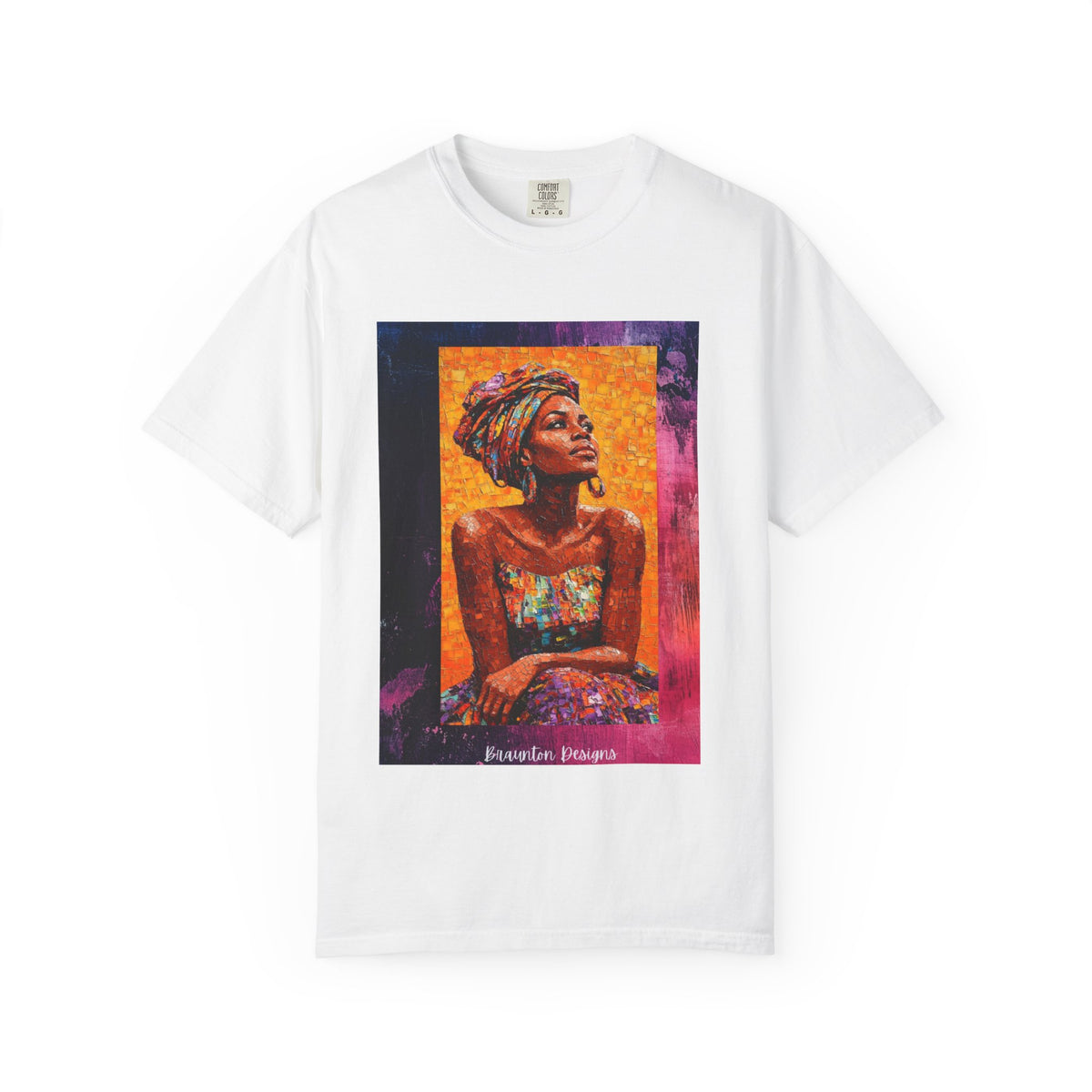 Afrocentric Portrait Art T-Shirt — Vibrant Woman in Headwrap Graphic Tee