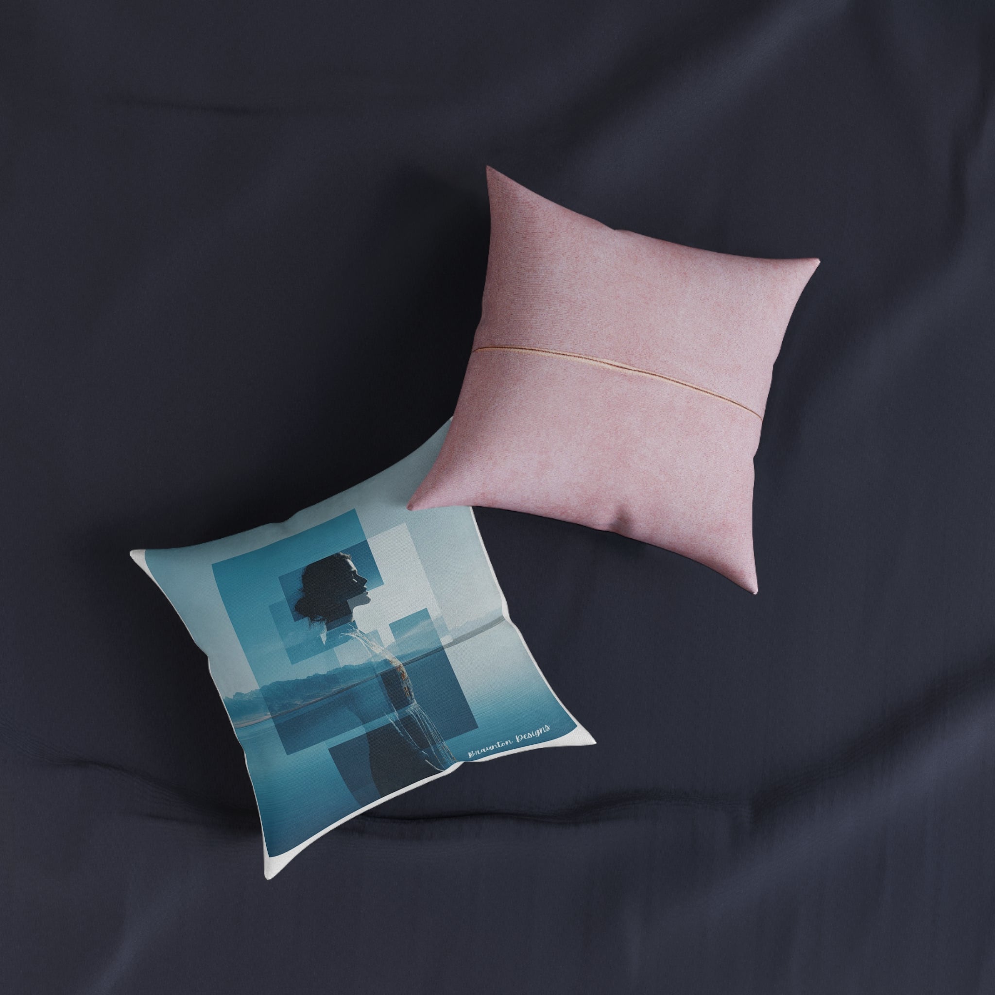 Abstract Double Exposure Silhouette Throw Pillow — Blue Coastal Art on Pink Back