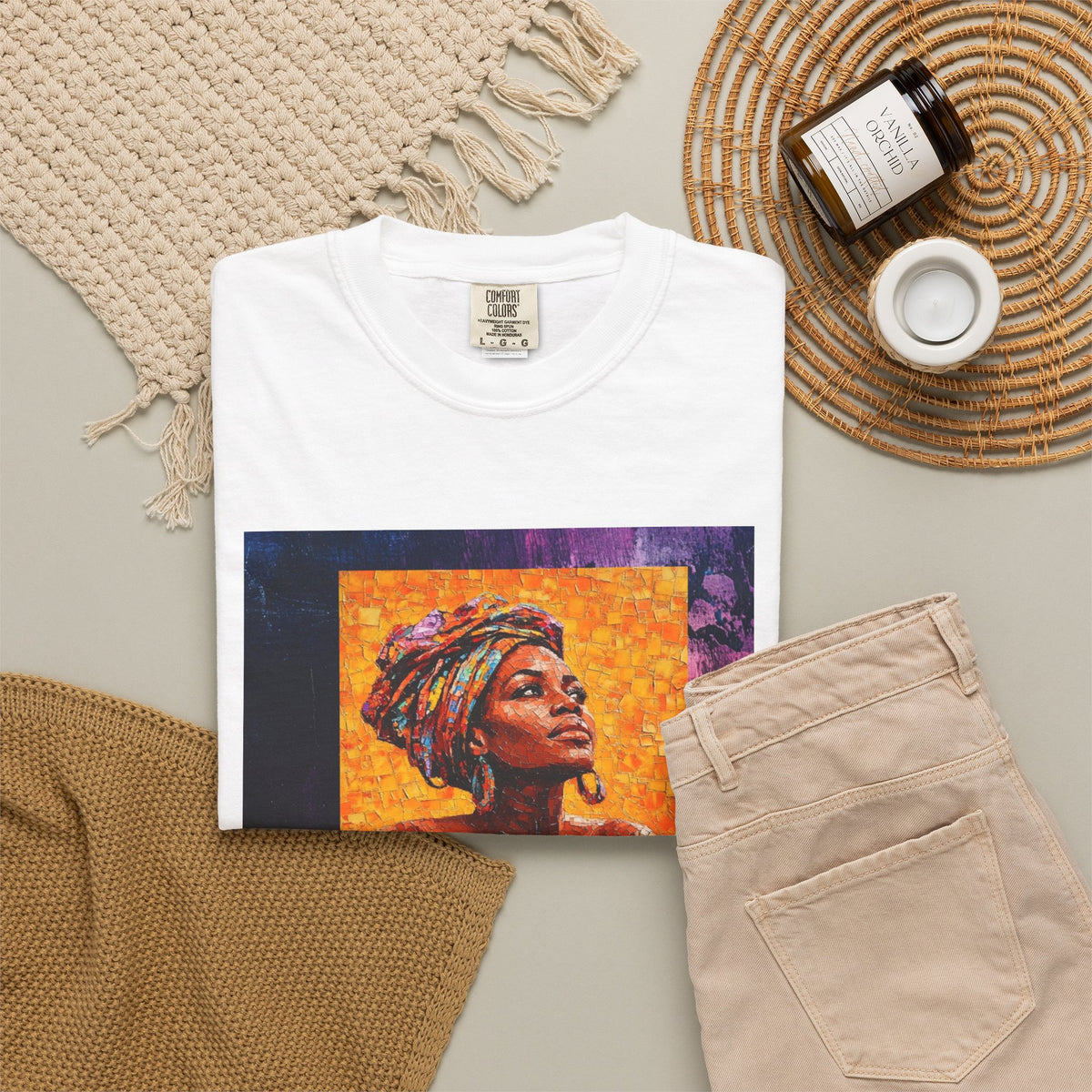 Afrocentric Portrait Art T-Shirt — Vibrant Woman in Headwrap Graphic Tee